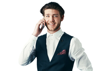 Business man, phone call and portrait for communication, networking and information on formal...