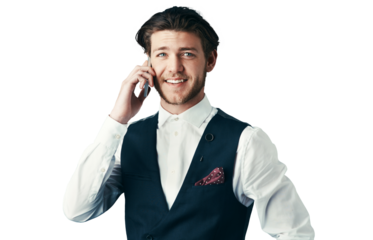 Business man, phone call and portrait for communication, networking and information on formal event. Happy professional person in suit with mobile chat or FAQ isolated on a transparent PNG background
