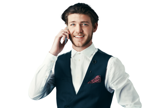 Business man, phone call and portrait for communication, networking and information on formal event. Happy professional person in suit with mobile chat or FAQ isolated on a transparent PNG background - Powered by Adobe