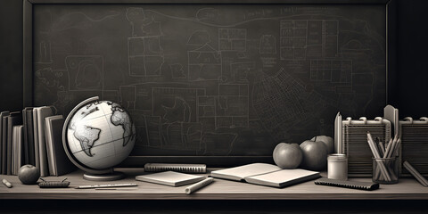 Gray Education Background  Pencil Drawing on Blackboard with Classroom back to school classroom with blackboard Concept background  
