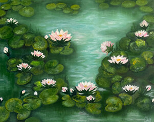 Lake with lilies. The painting is made with oil paints. White lilies with green leaves in a beautiful pond.