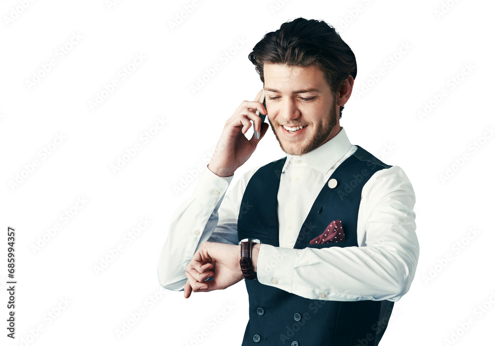Poster businessman, smile or checking time with phone call for schedule isolated on png transparent backgro