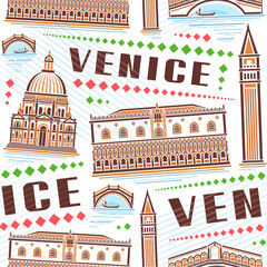 Vector Venice Seamless Pattern, square repeat background with outline illustration of famous venice city scape on white background, decorative line art urban historical poster with brown word venice