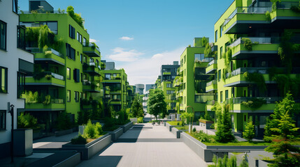 Modern apartment buildings in a green residential area in the city. Generative AI.