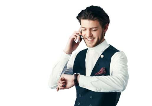 Businessman, smile or checking time with phone call for schedule isolated on png transparent background. Person, smartphone or watch for meeting, appointment or networking with deadline or discussion