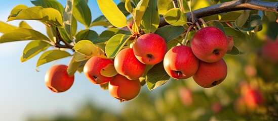 Fresh, healthy, small apples ripen on tree branches in summer.