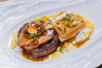 Tournedos Rossini or Tornedos served in dish isolated on table top view of meat main course arabic...
