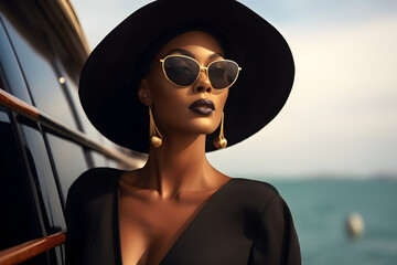 close up portrait of a stylish modern black woman wearing elegant high fashion clothes on luxury yacht - obrazy, fototapety, plakaty