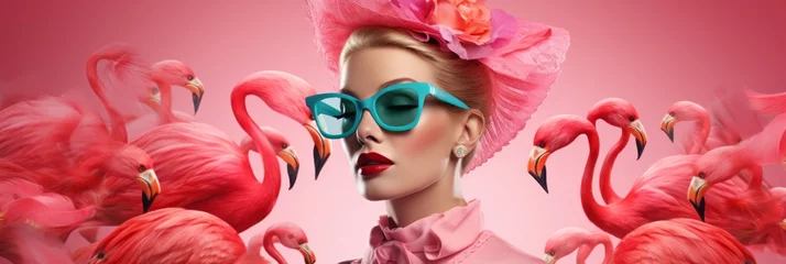 Gordijnen Young girls in beautiful fashionable clothes in flamingo plumage colors, exotic bird and high fashion, fashion magazine cover, banner © pundapanda