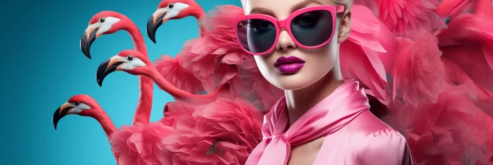 Tuinposter Young girls in beautiful fashionable clothes in flamingo plumage colors, exotic bird and high fashion, fashion magazine cover, banner © pundapanda