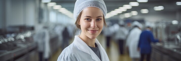 Food industry, a girl in a white coat and a protective cap on the background of a blurred food...