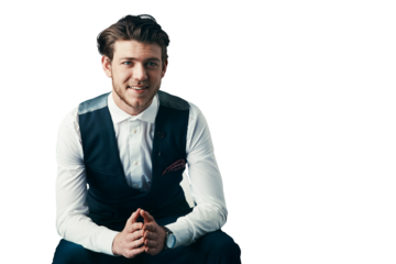 Business man, portrait and confident in formal fashion, happy career or event isolated on transparent png background. Young professional person in shirt and waist coat for vintage or retro style