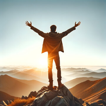 A joyful man standing with arms wide open on a mountain peak at sunrise, set against a white background, capturing a moment of serene triumph.