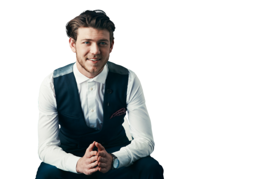 Business man, portrait and confident in formal fashion, happy career or event isolated on transparent png background. Young professional person in shirt and waist coat for vintage or retro style