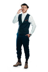 Obraz na płótnie Canvas Happy businessman, phone call and conversation in fashion suit isolated on a transparent PNG background. Man or employee talking on mobile smartphone in business discussion, communication or chatting