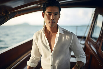 close up portrait of a stylish modern Asian man wearing elegant high fashion clothes on luxury yacht
