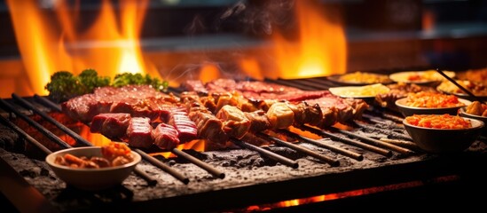 Japanese barbecue using barbecue grill, snowy beef at a buffet restaurant.