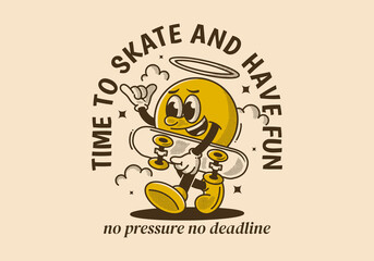 Time to skate and have fun. Walking ball head character holding a skate board