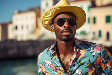 close up portrait of a stylish modern black man wearing elegant high fashion clothes on holiday - obrazy, fototapety, plakaty