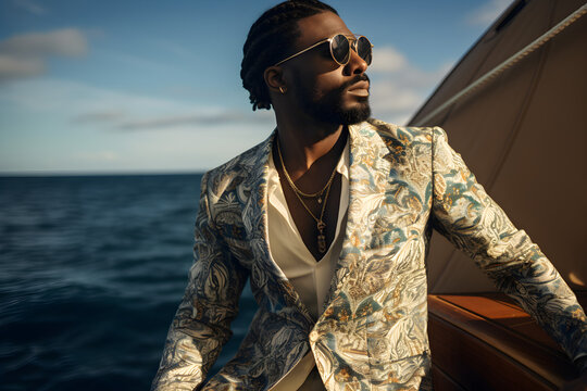 close up portrait of a stylish modern black man wearing elegant high fashion clothes on holiday