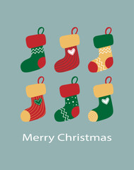 Happy New Year greetings on a blue background with colored Santa's socks hanging. Merry Christmas.