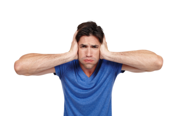 Man, headache and cover ears for stress or mental health in portrait with frustrated face isolated on transparent png background. Angry, anxiety and fear or scared person hands to stop noise or sound