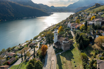 drone view of Vico Morcote village and Lake Lugano in southern Switzerland