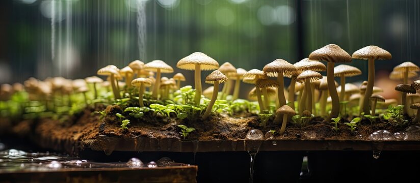 Mushroom plants growing on a wet wooden table in Sukamul, Bandung, Indonesia, on May 11, 2023.