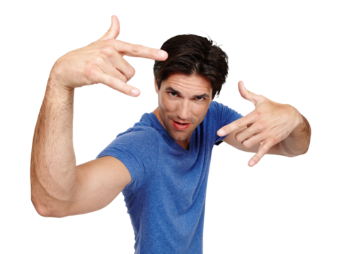 Portrait, energy and rock gesture with a man isolated on a transparent background for freedom of expression. Hand sign, heavy metal and emoji with a confident or excited young person posing on PNG