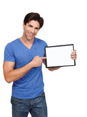 Man, blank clipboard and smile in portrait, sign up and paper for advertising, info and logo. Male person, branding and poster or ambassador, announcement and isolated on transparent png background