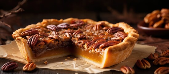 Pumpkin and pecan pie slices placed on parchment paper during Thanksgiving. - obrazy, fototapety, plakaty