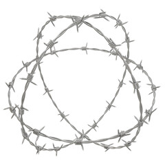 A 3D illustration resembling an atom structure, created using three circular barbed wires entwined around, isolated on transparent background, PNG.