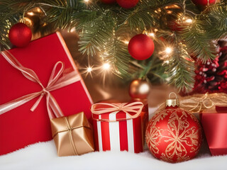 Fototapeta na wymiar Christmas background with gift boxes Christmas tree and bokeh lights