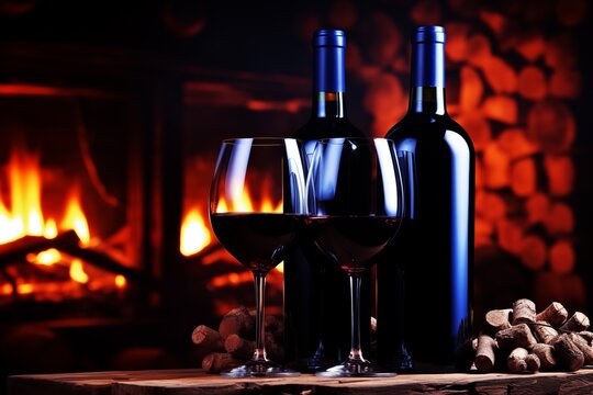An inviting image featuring two glasses of red wine and two bottles set against the warm glow of a fireplace. Corks are casually scattered on a wooden table, adding to the rustic and relaxing ambiance