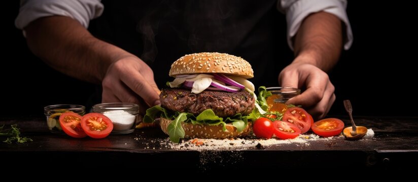 Man in chef uniform serving homemade beef burger with multiple ingredients on a black plate.