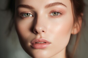 Close up of beautiful face. Glow skin and plump lips with natural makeup. Part of face, highlighter, shimmer, bronzer. Make up concept. Portrait of young woman with closed eyes. Mouth slightly open. - obrazy, fototapety, plakaty