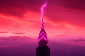 A dramatic skyline is illuminated by a vibrant pink and purple hue as a futuristic skyscraper emits a beam of crackling energy into the sky. The image depicts a sci-fi city at sunset or sunrise, with