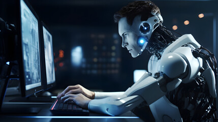 Ai technology, Artificial Intelligence. man using technology smart robot AI, artificial intelligence by enter command prompt for generates something, Futuristic technology transformati. generative ai.