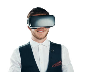 Business man, vision and virtual reality glasses for software design, user experience and 3d metaverse. Professional person in futuristic VR or high technology isolated on transparent png background