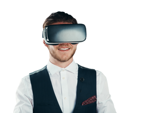 Business man, vision and virtual reality glasses for software design, user experience and 3d metaverse. Professional person in futuristic VR or high technology isolated on transparent png background