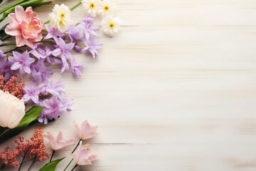 Fototapeta na wymiar Spring flowers flat lay on a white wooden background with a place for text. AI generative