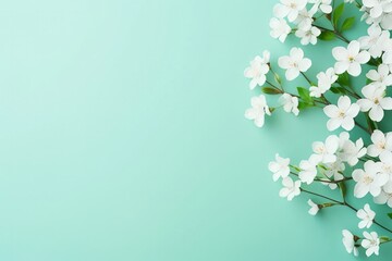 Spring flowers flat lay on a light-green background with a place for text. AI generative