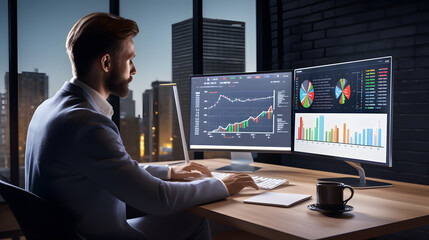 An analyst uses a computer and dashboard for data business analysis and Data Management System with KPI and metrics connected to the database for technology finance, operations, sales,. generative ai.