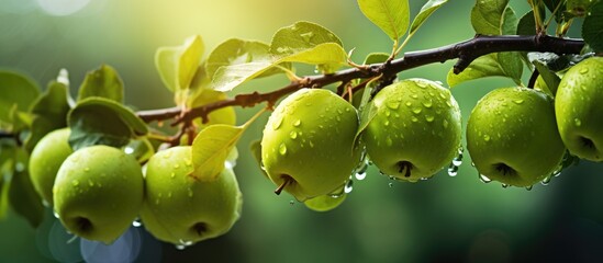 Harvest-ready green apples on a rain-drenched branch in bright sunlight with space to write.