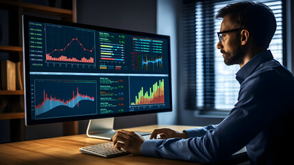 An analyst uses a computer and dashboard for data business analysis and Data Management System with KPI and metrics connected to the database for technology finance, operations, sales,. generative ai.