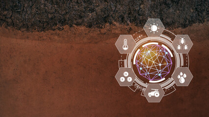 Underground soil layers beneath, stratum of organic clay and precision agriculture with visual icon, Innovation technology for smart farm system, smart technology concept modern technology.