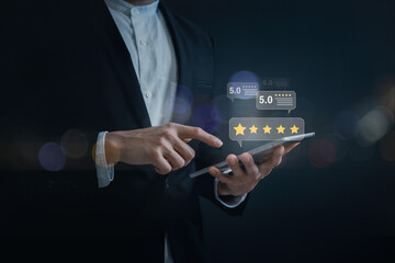 customer service evaluation and feedback rating. costumer review concept, man using phone chooses happy smiling face