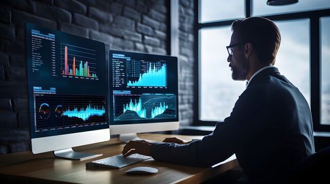 An analyst uses a computer and dashboard for data business analysis and Data Management System with KPI and metrics connected to the database for technology finance, operations, sales,. generative ai.