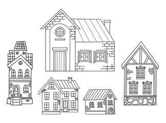 Fototapeta premium houses doodles. Urban and rural different stone architecture. Vector illustration. Isolated hand outline drawings.