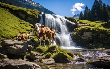 Swiss flatland with waterfall from large mountains and cows eating grass